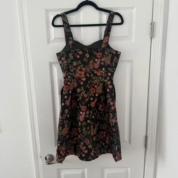 NWT ModCloth 2 Cat Print Floral‎ Jacquard Fit and Flare Dress Sleeveless Black - Picture 6 of 10